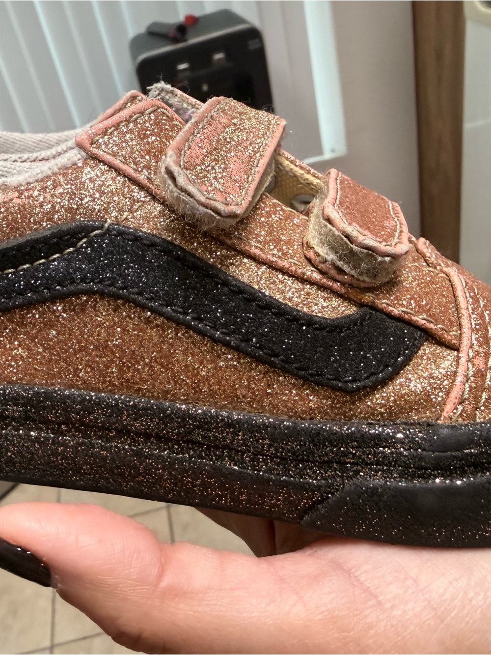 Vans Toddler Glitter Velcro Sneaker in Rose Gold and Black